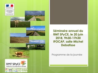 Séminaire annuel du
RMT SPyCE, le 20 juin
2018, 9h30-17h30
IFOCAP, salle Michel
Debatisse
Programme de la journée
 