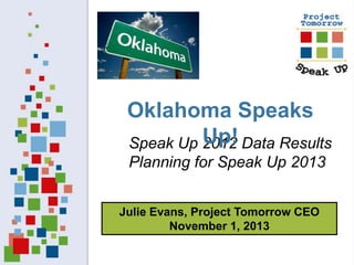 Oklahoma Speaks
Up!
Speak Up 2012 Data Results
Planning for Speak Up 2013
Julie Evans, Project Tomorrow CEO
November 1, 2013

 
