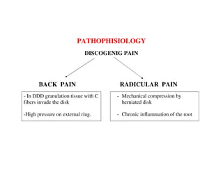 PATHOPHISIOLOGY
                            DISCOGENIG PAIN




       BACK PAIN                      RADICULAR PAIN
- In DDD granulation tissue with C   - Mechanical compression by
fibers invade the disk                 herniated disk

-High pressure on external ring.     - Chronic inflammation of the root
 