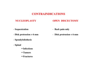 CONTRAINDICATIONS

  NUCLEOPLASTY                  OPEN DISCECTOMY


- Sequestration                 - Back pain only

- Disk protrusion > 6 mm        - Disk protrusion < 6 mm

- Spondylolisthesis

- Spinal
           Infections
           Tumors
           Fractures
 