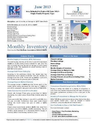 Monthly Inventory AnalysisData from the The Oklahoma Association of REALTORS®
Area Delimited by Entire OK State MLS -
Single-Family Property Type
June 2013
Report Produced on: Jul 29, 2013
Absorption:
Active Inventory
3,475
21,085
JUNE Market Activity
2012 2013 +/-%
Last 12 months, an Average of Sales/Month
as of June 30, 2013 =
Closed Listings
Pending Listings
New Listings
Average List Price
Average Sale Price
Average Percent of List Price to Selling Price
Average Days on Market to Sale
End of Month Inventory
Months Supply of Inventory
Closed Listings 1
Pending Listings 2
New Listings 3
Inventory 4
Months Supply of Inventory 5
Average Days on Market to Sale 6
Average List Price at Closing 7
Average Sale Price at Closing 8
Average Percent of List Price to Selling Price 9
Market Summary 10
3,892 4,028 3.49%
3,704 4,357 17.63%
6,098 6,654 9.12%
166,005 175,304 5.60%
160,494 170,606 6.30%
96.91% 97.05% 0.14%
77.24 68.00 -11.96%
23,975 21,085 -12.05%
7.59 6.07 -20.11%
Analysis Wrap-Up What's in this Issue
Real Estate is Local
Closed (12.74%)
Pending (13.78%)
Other OffMarket (6.77%)
Active (66.70%)
Months Supply of Inventory (MSI) Decreases
The total housing inventory at the end of June 2013 decreased
12.05% to 21,085 existing homes available for sale. Over the
last 12 months this area has had an average of 3,475 closed
sales per month. This represents an unsold inventory index of
6.07 MSI for this period.
Average Sale Prices Going Up
According to the preliminary trends, this market area has
experienced some upward momentum with the increase of
Average Price this month. Prices went up 6.30% in June 2013
to $170,606 versus the previous year at $160,494.
Average Days on Market Shortens
The average number of 68.00 days that homes spent on the
market before selling decreased by 9.24 days or 11.96% in
June 2013 compared to last year’s same month at 77.24 DOM.
Sales Success for June 2013 is Positive
Overall, with Average Prices going up and Days on Market
decreasing, the Listed versus Closed Ratio finished weak this
month.
There were 6,654 New Listings in June 2013, up 9.12% from
last year at 6,098. Furthermore, there were 4,028 Closed
Listings this month versus last year at 3,892, a 3.49%
increase.
Closed versus Listed trends yielded a 60.5% ratio, down from
last year’s June 2013 at 63.8%, a 5.15% downswing. This will
certainly create pressure on a decreasing Month’s Supply of
Inventory (MSI) in the following months to come.
Consumers Should Consult with a REALTOR®
Buying or selling real estate, for a majority of consumers, is
one of the most important decisions they will make. Choosing a
real estate professional continues to be a vital part of this
process.
Identify a Professional to Manage the Procedure
REALTORS® are well-informed about critical factors that affect
your specific market area - such as changes in market
conditions, consumer attitudes and interest rates.
Are You Ready to Buy or Sell Real Estate?
For more information, contact:
Steve Reese - Vice President, Marketing
405-848-9944
steve@oklahomarealtors.com
Or visit: www.OklahomaRealtors.com
Reports produced and compiled by Information is deemed reliable but not guaranteed. Does not reflect all market activity.RE STATS Inc.
 