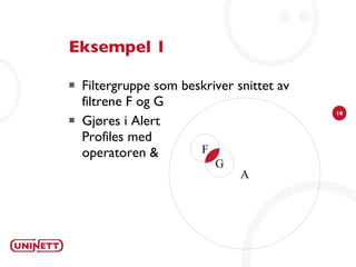 Eksempel 1 Filtergruppe som beskriver snittet av filtrene F og G Gjøres i Alert Profiles med operatoren & A F G 