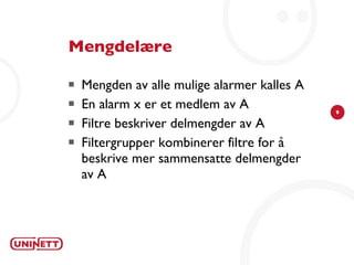Mengdelære Mengden av alle mulige alarmer kalles A En alarm x er et medlem av A Filtre beskriver delmengder av A Filtergrupper kombinerer filtre for å beskrive mer sammensatte delmengder av A 