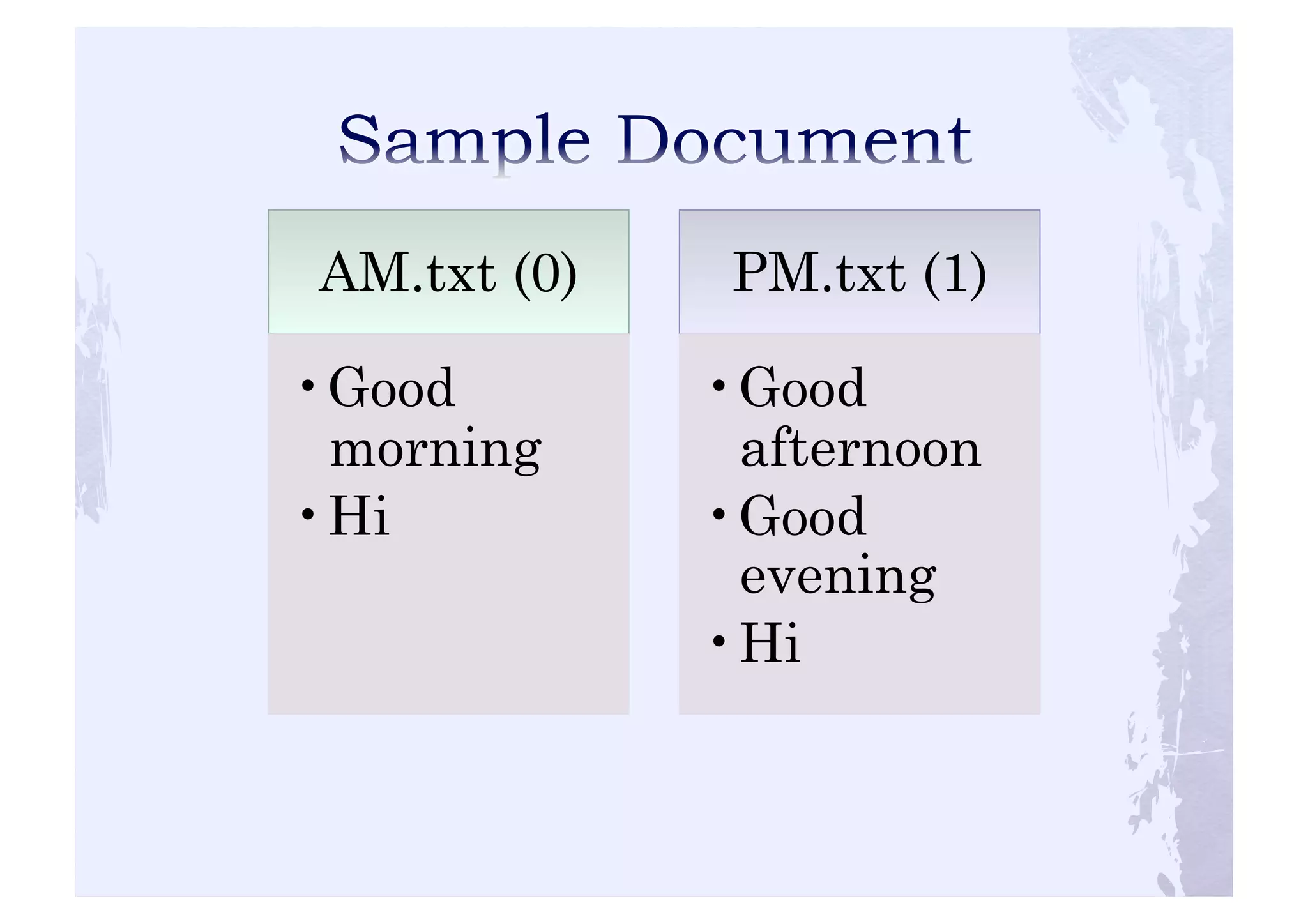 AM.txt (0) 
• Good 
morning 
• Hi 
PM.txt (1) 
• Good 
afternoon 
• Good 
evening 
• Hi 
 