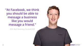 “At Facebook, we think
you should be able to
message a business
like you would
message a friend.”
2016, Mark Zuckerberg, Facebook CEO
 