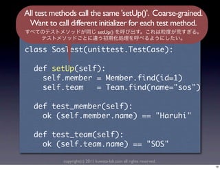 All test methods call the same 'setUp()'. Coarse-grained.
 Want to call different initializer for each test method.
                                 setUp()


         	 

	 	      	 
	 	 	 	                      	  	 
	 	 	 	                  	 	 	  	 

	 	      	 
	 	 	 	  	                                              	       	 

	 	      	 
	 	 	 	  	                                         	       	 
              copyright(c) 2011 kuwata-lab.com all rights reserved.
                                                                      19
 