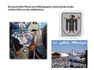 Die prachtvollen Pferde vom Hofbräugespann stehen gerade wieder
auf dem Platzl vor dem Hofbräuhaus.
 