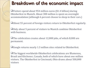 Breakdown of the economic impactBreakdown of the economic impact
of the beer festivalof the beer festivalVisitors spend about 954 million euros ($1.4 billion) during
Oktoberfest in Munich. About 300 million is spent on overnight
accommodation (although 6 percent choose to sleep in their cars.)
About 55 percent of foreign visitors return to Oktoberfest regularly.
Only about 5 percent of visitors to Munich combine Oktoberfest
with business.
The celebration creates about 12,000 jobs, of which 8,000 are
permanent.
Google returns nearly 1.3 million sites related to Oktoberfest.
The biggest worldwide Oktoberfest celebrations are Blumenau,
Brazil and Kitchener, Canada, both of which have about one million
visitors. The Oktoberfest in Cincinnati, Ohio draws about 500,000
visitors
 