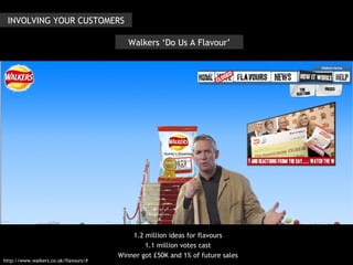 1.2 million ideas for flavours 1.1 million votes cast Winner got £50K and 1% of future sales http://www.walkers.co.uk/flavours/# Walkers ‘Do Us A Flavour’ INVOLVING YOUR CUSTOMERS 