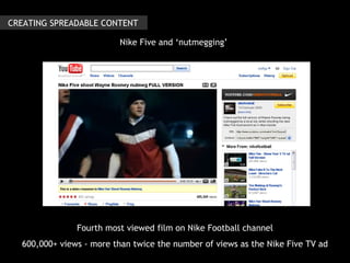 Fourth most viewed film on Nike Football channel 600,000+ views - more than twice the number of views as the Nike Five TV ad CREATING SPREADABLE CONTENT Nike Five and ‘nutmegging’ 