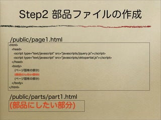 Step2 部品ファイルの作成

/public/page1.html
<html>
  <head>
   <script type="text/javascript" src="javascripts/jquery.js"></script>
   <script type="text/javascript" src="javascripts/oktopartial.js"></script>
  </head>
  <body>
    (ページ固有の部分)
    (部品にしたい部分)
    (ページ固有の部分)
  </body>
</html>


/public/parts/part1.html
(部品にしたい部分)
 
