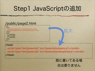 Step1 JavaScriptの追加

/public/page2.html
<html>
  <head>



                                                                                 拡大
   <script type="text/javascript" src="javascripts/jquery.js"></script>
   <script type="text/javascript" src="javascripts/oktopartial.js"></script>
  </head>
  <body>
    (ページ固有の部分)
    (部品にしたい部分)
    (ページ固有の部分)
  </body>
</html>




<head>
 <script type="text/javascript" src="javascripts/jquery.js"></script>
 <script type="text/javascript" src="javascripts/oktopartial.js"></script>
</head>

                                                                               既に書いてある場
                                                                               合は要りません
 