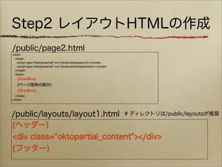Step2 レイアウトHTMLの作成
/public/page2.html
<html>
  <head>
   <script type="text/javascript" src="javascripts/jquery.js"></script>
   <script type="text/javascript" src="javascripts/oktopartial.js"></script>
  </head>
  <body>
    (ヘッダー)
    (ページ固有の部分)
    (フッター)
  </body>
</html>




/public/layouts/layout1.html # ディレクトリは/public/layoutsが推奨
(ヘッダー)
<div class="oktopartial_content"></div>
(フッター)
 