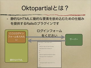 Oktopartialとは？
 静的なHTMLに動的な要素を嵌め込むための仕組み
 を提供するRailsのプラグインです

           ログインフォーム
 ここにログイン
フォームを入れた    をください
    い                                                   サーバー
           <form action="." class="login_form">

             <p>

              <label for="login_id">Login ID:</label>

              <input type="text" id="login_id"/>

             </p>

             <p>

              <label for="password">Password:</label>

              <input type="text" id="password"/>

             </p>

静的なHTML      <p>

              <input type="submit" value="ログイン"/>

             </p>

           </form>
 