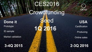 2-3Q 2016
Prototype
ID sample
Market validation
CES2016
Crowdfunding
Seed
Certification
Producing
Online sales
1Q 2016
3-4Q 2015
Done it USA
 