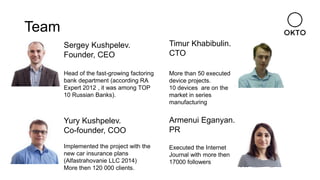 Team
Sergey Kushpelev.
Founder, CEO
Yury Kushpelev.
Co-founder, COO
Head of the fast-growing factoring
bank department (according RA
Expert 2012 , it was among TOP
10 Russian Banks).
Implemented the project with the
new car insurance plans
(Alfastrahovanie LLC 2014)
More then 120 000 clients.
Timur Khabibulin.
CTO
More than 50 executed
device projects.
10 devices are on the
market in series
manufacturing
Armenui Eganyan.
PR
Executed the Internet
Journal with more then
17000 followers
 