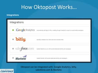 How Oktopost Works…
Integrations
Oktopost can be integrated with: Google Analytics, bitly,
salesforce.com & Marketo
 