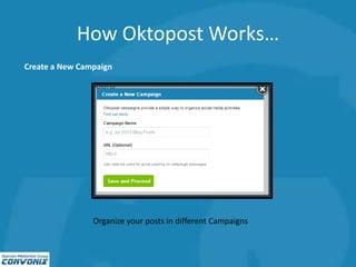 How Oktopost Works…
Create a New Campaign
Organize your posts in different Campaigns
 