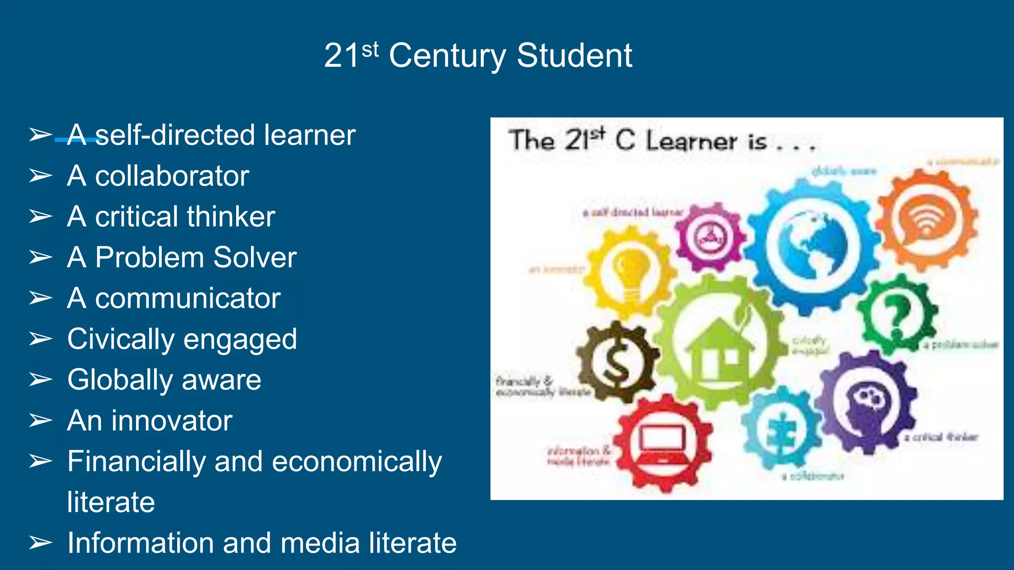 ➢ A self-directed learner
➢ A collaborator
➢ A critical thinker
➢ A Problem Solver
➢ A communicator
➢ Civically engaged
➢ Globally aware
➢ An innovator
➢ Financially and economically
literate
➢ Information and media literate
21st Century Student
 