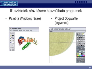 14
Illusztrációk készítésére használható programok
• Paint (a Windows része) • Project Dogwaffle
(ingyenes)
 