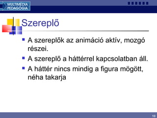 10
Szereplő
 A szereplők az animáció aktív, mozgó
részei.
 A szereplő a háttérrel kapcsolatban áll.
 A háttér nincs mindig a figura mögött,
néha takarja
 