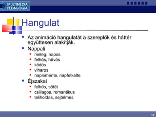 12
Hangulat
 Az animáció hangulatát a szereplők és háttér
együttesen alakítják.
 Nappali
 meleg, napos
 felhős, hűvös
 ködös
 viharos
 naplemente, napfelkelte
 Éjszakai
 felhős, sötét
 csillagos, romantikus
 teliholdas, sejtelmes
 