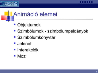 7
Animáció elemei
 Objektumok
 Szimbólumok - szimbólumpéldányok
 Szimbólumkönyvtár
 Jelenet
 Interakciók
 Mozi
 