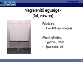 11
Megjelenítő egységek
(fal, vászon)
Feladatuk:
• A vetített kép felfogása
Alapkövetlmény:
• Egyszínű, fehér
• Egyenletes, sík
 
