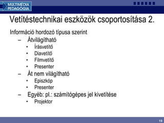 19
Vetítéstechnikai eszközök csoportosítása 2.
Információ hordozó típusa szerint
– Átvilágítható
• Írásvetítő
• Diavetítő
• Filmvetítő
• Presenter
– Át nem világítható
• Episzkóp
• Presenter
– Egyéb: pl.: számítógépes jel kivetítése
• Projektor
 