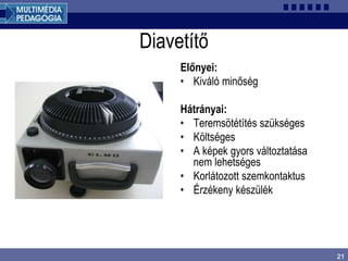 21
Diavetítő
Előnyei:
• Kiváló minőség
Hátrányai:
• Teremsötétítés szükséges
• Költséges
• A képek gyors változtatása
nem lehetséges
• Korlátozott szemkontaktus
• Érzékeny készülék
 