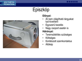 22
Episzkóp
Előnyei:
• Át nem világítható tárgyakat
tud kivetíteni
• Egyszerű kezelés
• Nagy csoport esetén is
Hátrányai:
• Teremsötétítés szükséges
• Költséges
• Korlátozott szemkontaktus
• Állókép
 