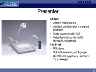27
Presenter
Előnyei:
• Át nem világítható és -
• Átvilágítható tárgyakat is meg tud
jeleníteni
• Nagy csoport esetén is jó
• Helyettesítheti az írásvetítőt,
diavetítőt, episzkópot
Hátrányai:
• Költséges
• Sok előkészületet, rutint igényel
• Kivetítéshez projektor v. monitor v.
TV szükséges
 