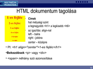 13
HTML dokumentum tagolása
• Címek
hat mélységi szint
a legnagyobb <h1> a legkisebb <h6>
• az igazítás: align-nal
left – balra
right - jobbra
center – középre
• Pl: <h1 align="center">1-es fejléc</h1>
•Bekezdések <p> vagy <div>
• <span> néhány szó azonosítása
 