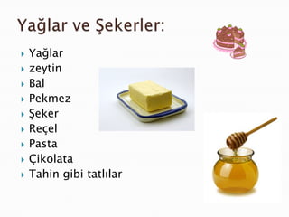    Yağlar
   zeytin
   Bal
   Pekmez
   Şeker
   Reçel
   Pasta
   Çikolata
   Tahin gibi tatlılar
 