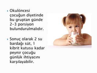   Okulöncesi
    çocuğun diyetinde
    bu gruptan günde
    2-3 porsiyon
    bulundurulmalıdır.

   Sonuç olarak 2 su
    bardağı süt, 1
    kibrit kutusu kadar
    peynir çocuğu
    günlük ihtiyacını
    karşılayabilir.
 