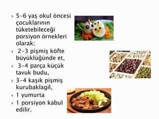    5-6 yaş okul öncesi
    çocuklarının
    tüketebileceği
    porsiyon örnekleri
    olarak;
    2-3 pişmiş köfte
    büyüklüğünde et,
    3-4 parça küçük
    tavuk budu,
   3-4 kaşık pişmiş
    kurubaklagil,
   1 yumurta
   1 porsiyon kabul
    edilir.
 