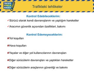 Trafikteki tehlikeler
Kontrol Edebileceklerim:
Sürücü olarak kendi davranışlarım ve yaptığım hareketler
Aracımın güvenlik açısından özellikleri, bakımı

Kontrol Edemeyeceklerim:
Yol koşulları
Hava koşulları
Yayalar ve diğer yol kullanıcılarının davranışları

Diğer sürücülerin davranışları ve yaptıkları hareketler
Diğer sürücülerin araçlarının güvenliği ve bakımı

 