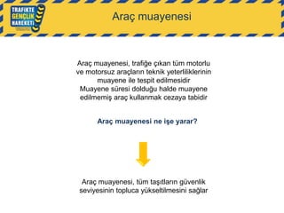 Araç muayenesi

Araç muayenesi, trafiğe çıkan tüm motorlu
ve motorsuz araçların teknik yeterliliklerinin
muayene ile tespit edilmesidir
Muayene süresi dolduğu halde muayene
edilmemiş araç kullanmak cezaya tabidir

Araç muayenesi ne işe yarar?

Araç muayenesi, tüm taşıtların güvenlik
seviyesinin topluca yükseltilmesini sağlar

 