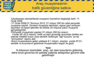 Araç muayenesinin
trafik güvenliğine katkısı
•Uluslararası standartlarda muayene hizmetinin başladığı tarih: 11
Ocak 2008
•11 Ocak 2008-31 Temmuz 2012: 21 milyon 350 bin adet periyodik
muayene yapıldı. Ücretsiz muayene tekrarları, egzoz gazı emisyon
ölçümleri ve tespit işlemleri ile birlikte 34 milyona yakın muayene
gerçekleştirildi
•Periyodik muayenesi yapılan 21 milyon 350 bin aracın:
Yüzde 38‟i (8,2 milyon), trafik ve taşıt güvenliği açısından tehlike arz
edecek nitelikte kusur veya eksiklik nedeniyle “ağır kusurlu” ya da
“emniyetsiz” raporu aldı
•İkinci muayenesine gelen yaklaşık 8,1 milyon araçtan yüzde 97,5‟i,
eksiklik ve kusurlarını gidererek muayeneden başarı ile geçti
Yani:

8 milyonun üzerindeki araç, var olan kusurlarını gidermiş,
daha önce güvensiz bir şekilde yollarda dolaşırken güvenli hale
getirilmiştir

 