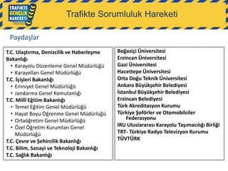 Trafikte Sorumluluk Hareketi
Paydaşlar
T.C. Ulaştırma, Denizcilik ve Haberleşme
Bakanlığı
• Karayolu Düzenleme Genel Müdürlüğü
• Karayolları Genel Müdürlüğü
T.C. İçişleri Bakanlığı
• Emniyet Genel Müdürlüğü
• Jandarma Genel Komutanlığı
T.C. Millî Eğitim Bakanlığı
• Temel Eğitim Genel Müdürlüğü
• Hayat Boyu Öğrenme Genel Müdürlüğü
• Ortaöğretim Genel Müdürlüğü
• Özel Öğretim Kurumları Genel
Müdürlüğü
T.C. Çevre ve Şehircilik Bakanlığı
T.C. Bilim, Sanayi ve Teknoloji Bakanlığı
T.C. Sağlık Bakanlığı

Boğaziçi Üniversitesi
Erzincan Üniversitesi
Gazi Üniversitesi
Hacettepe Üniversitesi
Orta Doğu Teknik Üniversitesi
Ankara Büyükşehir Belediyesi
İstanbul Büyükşehir Belediyesi
Erzincan Belediyesi
Türk Akreditasyon Kurumu
Türkiye Şoförler ve Otomobilciler
Federasyonu
IRU Uluslararası Karayolu Taşımacılığı Birliği
TRT- Türkiye Radyo Televizyon Kurumu
TÜVTÜRK

 
