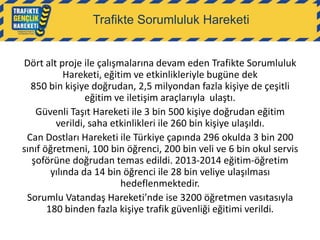 Trafikte Sorumluluk Hareketi

Dört alt proje ile çalışmalarına devam eden Trafikte Sorumluluk
Hareketi, eğitim ve etkinlikleriyle bugüne dek
850 bin kişiye doğrudan, 2,5 milyondan fazla kişiye de çeşitli
eğitim ve iletişim araçlarıyla ulaştı.
Güvenli Taşıt Hareketi ile 3 bin 500 kişiye doğrudan eğitim
verildi, saha etkinlikleri ile 260 bin kişiye ulaşıldı.
Can Dostları Hareketi ile Türkiye çapında 296 okulda 3 bin 200
sınıf öğretmeni, 100 bin öğrenci, 200 bin veli ve 6 bin okul servis
şoförüne doğrudan temas edildi. 2013-2014 eğitim-öğretim
yılında da 14 bin öğrenci ile 28 bin veliye ulaşılması
hedeflenmektedir.
Sorumlu Vatandaş Hareketi’nde ise 3200 öğretmen vasıtasıyla
180 binden fazla kişiye trafik güvenliği eğitimi verildi.

 
