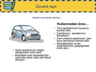Güvenli taşıt
Kişisel sorumluluk alanları

Kullanmadan önce…

– Ayna ayarlarınızın doğru
olduğundan emin olun.
– Kesinlikle araç kapasitenizin
üzerinde yolcu veya yük kabul
etmeyin.

– Tüm lastiklerinizin havasını
kontrol edin.
– Camlarınızı, aynalarınızı
temizleyin.
– Cam yıkama sisteminizi, cam
suyu seviyenizi kontrol edin.
– Sinyallerinizin ve far
sistemlerinizin çalıştığından
emin olun.

 