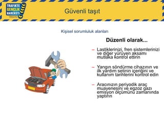 Güvenli taşıt
Kişisel sorumluluk alanları

Düzenli olarak...
– Lastiklerinizi, fren sistemlerinizi
ve diğer yürüyen aksamı
mutlaka kontrol ettirin
– Yangın söndürme cihazının ve
ilk yardım setinin içeriğini ve
kullanım tarihlerini kontrol edin
– Aracınızın periyodik araç
muayenesini ve egzoz gazı
emisyon ölçümünü zamanında
yaptırın

 