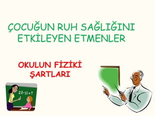 ÇOCUĞUN RUH SAĞLIĞINI
  ETKĠLEYEN ETMENLER

 OKULUN FİZİKİ
   ŞARTLARI
 