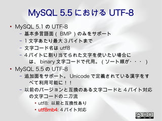 MySQL 5.5 における UTF-8
●
    MySQL 5.1 の UTF-8
     –   基本多言語面（ BMP ）のみをサポート
     –   1 文字あたり最大 3 バイトまで
     –   文字コード名は utf8
     –   4 バイトに割り当てられた文字を使いたい場合に
           は、 binary 文字コードで代用。（ソート順が・・・）
●
    MySQL 5.5 の UTF-8
     –   追加面をサポート。 Unicode で定義されている漢字をす
          べて利用可能に！！
     –   以前のバージョンと互換のある文字コードと 4 バイト対応
          の文字コードの二刀流
           ●
               utf8: 以前と互換性あり
           ●
               utf8mb4: 4 バイト対応
 