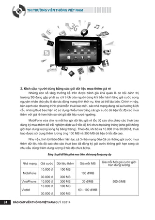 THỊ TRƯỜNG VIỄN THÔNG VIỆT NAM
BÁO CÁO VIỄN THÔNG VIỆT NAM QUÝ I/201424
2. Kích cầu người dùng bằng các gói dữ liệu mua thêm giá rẻ
Những con số tăng trưởng kể trên được đánh giá khả quan là do bối cảnh thị
trường 3G đang gặp phải sự chỉ trích của người dùng khi tiến hành tăng giá cước song
nguyên nhân chủ yếu là do tác động mang tính thời vụ, khó có thể lâu bền. Chính vì vậy,
bên cạnh các chương trình phát triển thuê bao mới, các nhà mạng đang có xu hướng kích
cầu những thuê bao hiện có sử dụng nhiều hơn bằng các gói cước dữ liệu tốc độ cao mua
thêm với giá rẻ hơn hẳn so với giá dữ liệu vượt ngưỡng.
MobiFone vừa cho ra mắt hai gói dữ liệu giá rẻ tốc độ cao cho phép các thuê bao
đăng ký mua thêm để trải nghiệm dịch vụ ở tốc độ khi chưa hạ băng thông (cho gói không
giới hạn dung lượng song hạ băng thông). Theo đó, khi bỏ ra 10.000 đ và 30.000 đ, thuê
bao được sử dụng thêm tương ứng 100 MB và 300 MB dữ liệu ở tốc độ cao.
Như vậy, tính tới thời điểm hiện tại, cả 3 nhà mạng đều đã có những gói cước mua
thêm dữ liệu tốc độ cao cho các thuê bao đã đăng ký gói cước không giới hạn song có
nhu cầu dùng thêm dung lượng ở tốc độ chưa bị hạ.
Bảngcácgóidữliệugiárẻmuathêmnhàmạngđangcungcấp
Nhà mạng Giá cước Dữ liệu thêm Giá mỗi MB Giá mỗi MB gói cước giới
hạn dung lượng
MobiFone
10.000 đ
30.000 đ
100 MB
300 MB
100 đ/MB
500 đ/MBVinaPhone 10.000 đ 300 MB 33 đ/MB
Viettel
10.000 đ
30.000 đ
100 MB
500 MB
60 - 100 đ/MB
 