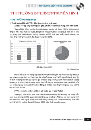 THỊ TRƯỜNG VIỄN THÔNG VIỆT NAM
BÁO CÁO VIỄN THÔNG VIỆT NAM QUÝ I/2014 29
I-THỊ TRƯỜNG INTERNET
1. Thuê bao ADSL và FTTH đều tăng trưởng khả quan
ADSL: Tốc độ tăng trưởng cao gấp 2,4 lần so với mức trung bình năm 2013
Theo số liệu thống kê của Cục viễn thông, tính tới hết tháng 2/2014 thị trường có
tổng số 4,53 triệu thuê bao xDSL, tăng thêm 60.000 thuê bao so với cuối năm 2013. Như
vậy, trung bình mỗi tháng thị trường có thêm 30.000 thuê bao, nhiều gấp 2,4 lần so với
mức tăng trưởng trung bình đạt được trong năm 2013.
Biểuđồ2.5(Nguồn:VNNIC)
Đơnvị:Triệuthuêbao
Đây là kết quả của hàng loạt các chương trình khuyến mại mạnh tay dịp Tết của
các nhà cung cấp dịch vụ. Thêm vào đó, một số đơn vị như VNPT còn tiến hành tăng tốc
độ dịch vụ trong khi vẫn giữ nguyên giá cước để tăng sức hút, cạnh tranh với dịch vụ cáp
quang giá rẻ. Chính bởi tác động mang tính chất thời vụ nên thị phần thuê bao ADSL của
các nhà cung cấp không có nhiều biến động và dự báo mức tăng trưởng này cũng sẽ khó
duy trì được lâu dài.
FTTH - chờ đợi sự bứt phá bởi gói cước giá rẻ của Viettel
Tương tự như ADSL, tình hình tăng trưởng thuê bao FTTH trong hai tháng đầu
năm cũng tương đối khả quan với mức tăng gấp khoảng 1,7 lần so với mức trung bình
đạt được của năm ngoái (trung bình mỗi tháng khoảng hơn 7 triệu thuê bao). Tính đến
hết tháng 2, thị trường đang có khoảng 303,6 triệu thuê bao cáp quang.
THỊ TRƯỜNG INTERNET-TRUYỀN HÌNH
 