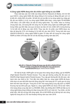 THỊ TRƯỜNG VIỄN THÔNG THẾ GIỚI
BÁO CÁO VIỄN THÔNG VIỆT NAM QUÝ I/201454
4.Công nghệ HSPA đang trên đà chiếm ngôi thống trị của GSM
Theo một báo cáo mới nhất của hãng Informa Telecoms & Media, tính tới hết
quý 4/2013, công nghệ GSM vẫn đang thống trị thị trường di động thế giới với 4,4
tỷ kết nối, chiếm 66% thị phần. Số kết nối còn lại đến từ họ công nghệ truy nhập gói
tốc độ cao HSPA (1,4 tỷ), họ công nghệ CDMA (484 triệu), công nghệ TD-WCDMA
(192 triệu), LTE (200 triệu) và một số công nghệ khác. Tuy nhiên, theo xu hướng
chung toàn cầu, số lượng kết nối cũng như thị phần công nghệ của GSM giảm dần
trong nhiều quý liên tiếp vừa qua và được dự báo chỉ còn chiếm 22% tương đương
1,8 tỷ kết nối di động vào năm 2018. Thay vào đó, thị phần của HSPA được dự
báo sẽ tăng lên 51% với khoảng 4,2 tỷ kết nối vào năm 2018. Trong một năm qua
(Q4/2012-Q4/2013), công nghệ GSM bị giảm 72 triệu kết nối trong khi công nghệ
HSPA có thêm 279 triệu kết nối với tốc độ tăng trưởng năm đạt 23%.
Biểu đồ 4.4: Thống kê số lượng nhà mạng cung cấp dịch vụ Mobile HD Voice
Thống kê số lượng và thị phần kết nối di động theo công nghệ Q4/2013
và dự báo Q4/2018 (Nguồn: Informa Telecoms & Media)
Về mặt kỹ thuật, HSPA gồm có hai giao thức băng rộng di động, gọi là HSDPA
(High-Speed Downlink Packet Access: Truy cập gói đường xuống tốc độ cao) và
HSUPA (High-Speed Uplink Packet Access: Truy cập gói đường lên tốc độ cao), vận
hành trên các thiết bị 3G. Tính đến thời điểm hiện tại, công nghệ HSPA đã được
triển khai và cam kết triển khai bởi tổng cộng 581 nhà mạng tại 211 quốc gia và vùng
lãnh thổ trên toàn thế giới. Trong đó có 547 nhà mạng đang cung cấp dịch vụ HSPA
thương mại tại 205 quốc gia. Ngoài ra, công nghệ HSPA còn được hỗ trợ bởi 100%
nhà mạng đang cung cấp dịch vụ WCDMA. Điều này khẳng định HSPA sẽ tiếp tục là
công nghệ băng rộng di động chủ đạo trong năm 2014 và 5 năm tới. Tuy nhiên, với đà
phát triển, tiến bộ và thay thế công nghệ, rất có thể HSPA sẽ bị bắt kịp bởi các công
nghệ 4G trong đó có LTE vào khoảng những năm sau năm 2018.
 