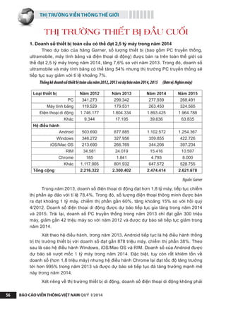 THỊ TRƯỜNG VIỄN THÔNG THẾ GIỚI
BÁO CÁO VIỄN THÔNG VIỆT NAM QUÝ I/201456
THỊ TRƯỜNG THIẾT BỊ ĐẦU CUỐI
1. Doanh số thiết bị toàn cầu có thể đạt 2,5 tỷ máy trong năm 2014
Theo dự báo của hãng Garner, số lượng thiết bị (bao gồm PC truyền thống,
ultramobile, máy tính bảng và điện thoại di động) được bán ra trên toàn thế giới có
thể đạt 2,5 tỷ máy trong năm 2014, tăng 7,6% so với năm 2013. Trong đó, doanh số
ultramobile và máy tính bảng có thể tăng 54% nhưng thị trường PC truyền thống sẽ
tiếp tục suy giảm với tỉ lệ khoảng 7%.
Thốngkêdoanhsốthiếtbịtoàncầunăm2012,2013vàdựbáonăm2014,2015 (Đơnvị:Nghìnmáy)
Loại thiết bị Năm 2012 Năm 2013 Năm 2014 Năm 2015
PC 341.273 299.342 277.939 268.491
Máy tính bảng 119.529 179.531 263.450 324.565
Điện thoại di động 1.746.177 1.804.334 1.893.425 1.964.788
Khác 9.344 17.195 39.636 63.835
Hệ điều hành
Android 503.690 877.885 1.102.572 1.254.367
Windows 346.272 327.956 359.855 422.726
iOS/Mac OS 213.690 266.769 344.206 397.234
RIM 34.581 24.019 15.416 10.597
Chrome 185 1.841 4.793 8.000
Khác 1.117.905 801.932 647.572 528.755
Tổng cộng 2.216.322 2.300.402 2.474.414 2.621.678
Nguồn:Garner
Trong năm 2013, doanh số điện thoại di động đạt hơn 1,8 tỷ máy, tiếp tục chiếm
thị phần áp đảo với tỉ lệ 78,4%. Trong đó, số lượng điện thoại thông minh được bán
ra đạt khoảng 1 tỷ máy, chiếm thị phần gần 60%, tăng khoảng 15% so với hồi quý
4/2012. Doanh số điện thoại di động được dự báo tiếp tục gia tăng trong năm 2014
và 2015. Trái lại, doanh số PC truyền thống trong năm 2013 chỉ đạt gần 300 triệu
máy, giảm gần 42 triệu máy so với năm 2012 và được dự báo sẽ tiếp tục giảm trong
năm 2014.
Xét theo hệ điều hành, trong năm 2013, Android tiếp tục là hệ điều hành thống
trị thị trường thiết bị với doanh số đạt gần 878 triệu máy, chiếm thị phần 38%. Theo
sau là các hệ điều hành Windows, iOS/Mac OS và RIM. Doanh số của Android được
dự báo sẽ vượt mốc 1 tỷ máy trong năm 2014. Đặc biệt, tuy còn rất khiêm tốn về
doanh số (hơn 1,8 triệu máy) nhưng hệ điều hành Chrome lại đạt tốc độ tăng trưởng
tới hơn 995% trong năm 2013 và được dự báo sẽ tiếp tục đà tăng trưởng mạnh mẽ
này trong năm 2014.
Xét riêng về thị trường thiết bị di động, doanh số điện thoại di động không phải
 
