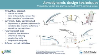 Aerodynamic design techniques
Throughflow design and analysis methods (MTFC ULiège & Safran)
• Throughflow approach
• average around axis
• solve for tangentially averaged flow
• fast estimation of operating curve
• Current (A. Budo, ULiège) w SAB
• improvement of (geometrical) formulation
• correlation data for profile performance ?
• geometrical inaccuracy issues
• Future research axes
• supersonic flows and shocks
• distortion & mistuning
• complex flow paths
• integration in design loop
• BeCover : model validation
Predicting impact of geometric errors on blade geometry on
performance using a throughflow method
PhD Arnaud Budo (ULiège) @ MTFC - Pr. V. Terrapon (ULiège)
 